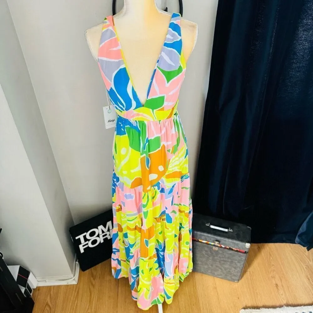 Maaji Selvatik Marea Knit Cover-Up Maxi Dress, Yellow/Blue‎ Size Small 2/4, NWT